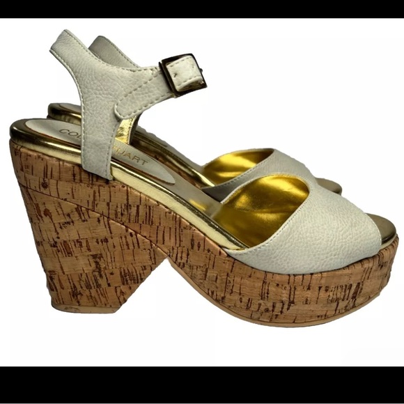 Colin Stuart cork heel sandals white ankle strap 6.5 - Picture 4 of 4